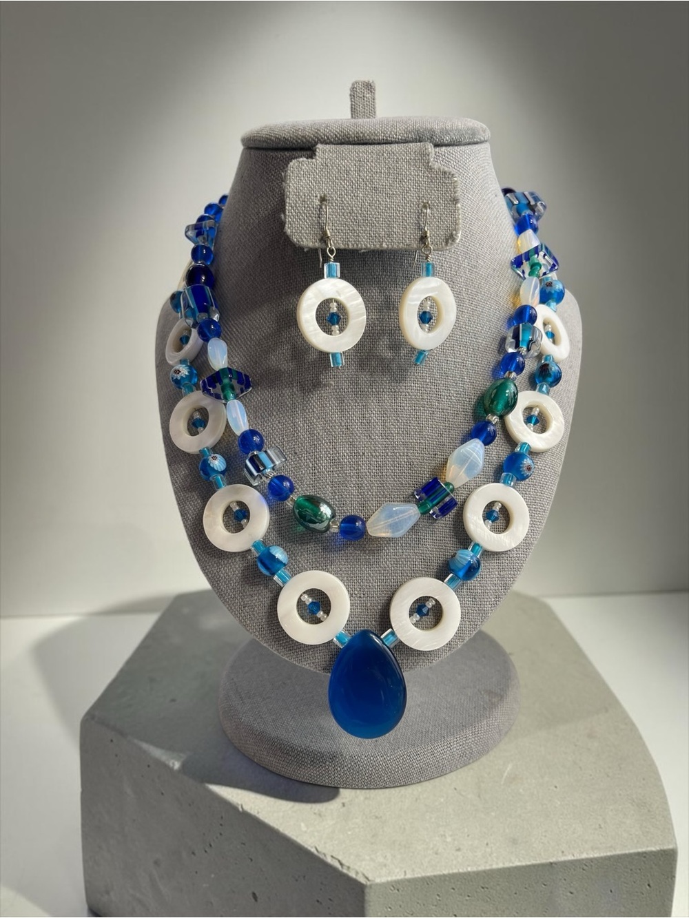 Beleza Curated MOP Millefiori Art Glass Demi Parure Layered Necklace Set
